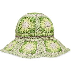 Steve Madden Green Crocheted Paper Yarn Scalloped Brim Bucket Hat OS